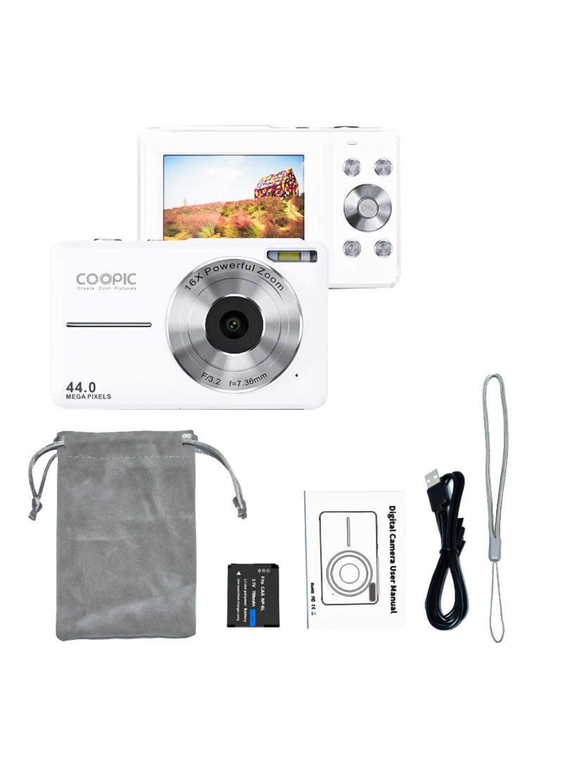 COOPIC C200 Upgraded FHD 1080P Digital Camera with Strap and 32GB SD Card 16X Digital Zoom Compact Point Shoot Portable and Small fit for Kids Teens Boys Girls Seniors-WHITE