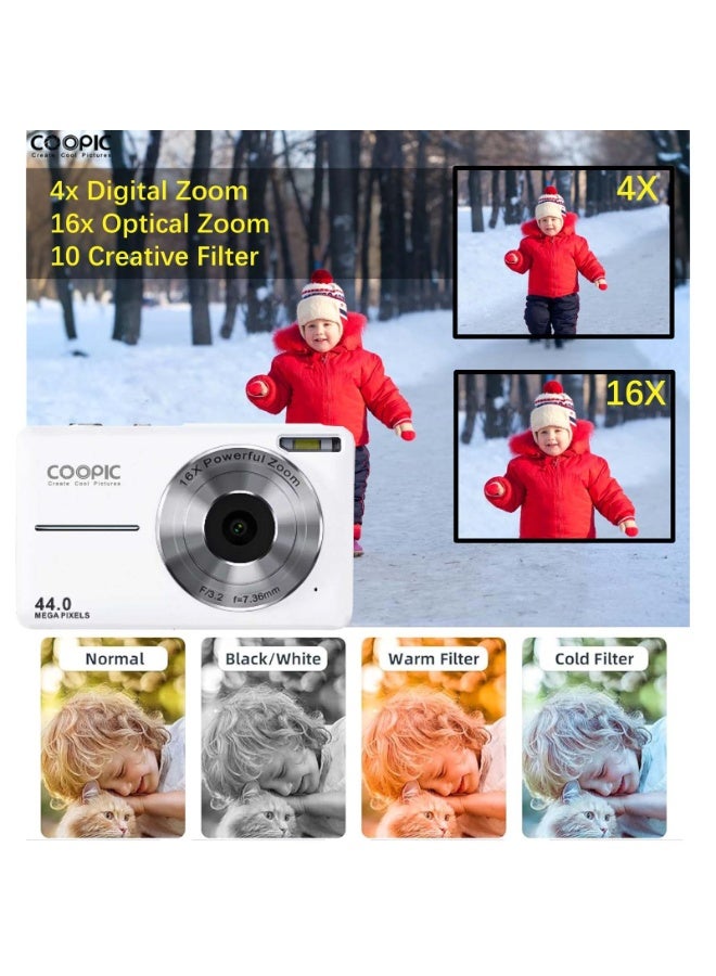 COOPIC C200 Upgraded FHD 1080P Digital Camera with Strap and 32GB SD Card 16X Digital Zoom Compact Point Shoot Portable and Small fit for Kids Teens Boys Girls Seniors-WHITE - Image 4