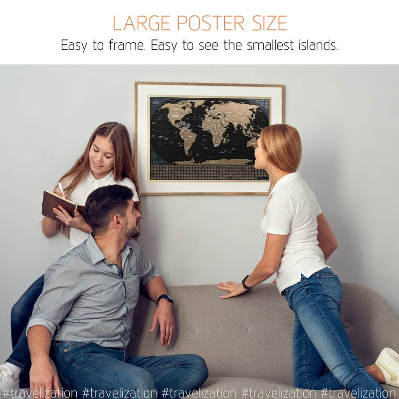 Travelization خريطة العالم القابلة للخدش من ترافليزايشن مع 196 علم دولة 24" × 17" خريطة سفر قابلة للتأطير بألوان زاهية وطلاء ذهبي فاخر، متتبع جميل للأماكن التي تمت زيارتها للمسافرين، أسود - Image 5