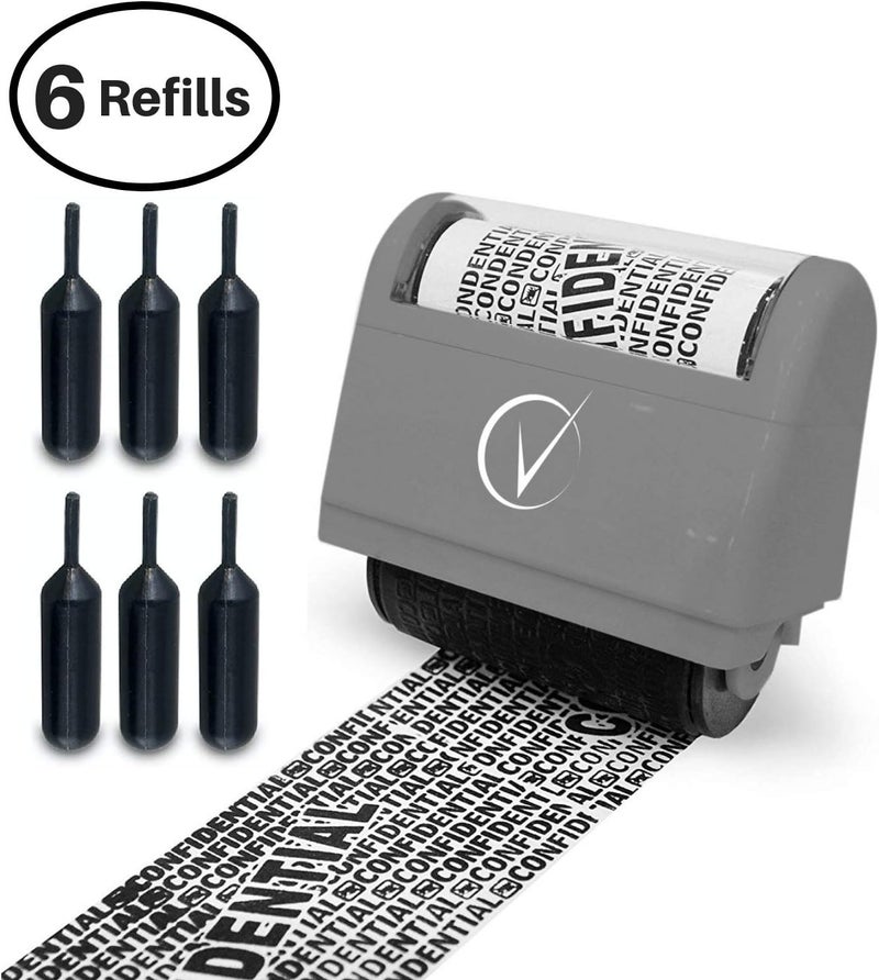 Vantamo Identity Theft Protection Roller Stamp for Hiding Sensitive Information, Wide Confidential Stamp with 6 Ink Refill, Security Stamp Roller for Identity Theft Prevention, Classy Gray - Image 1