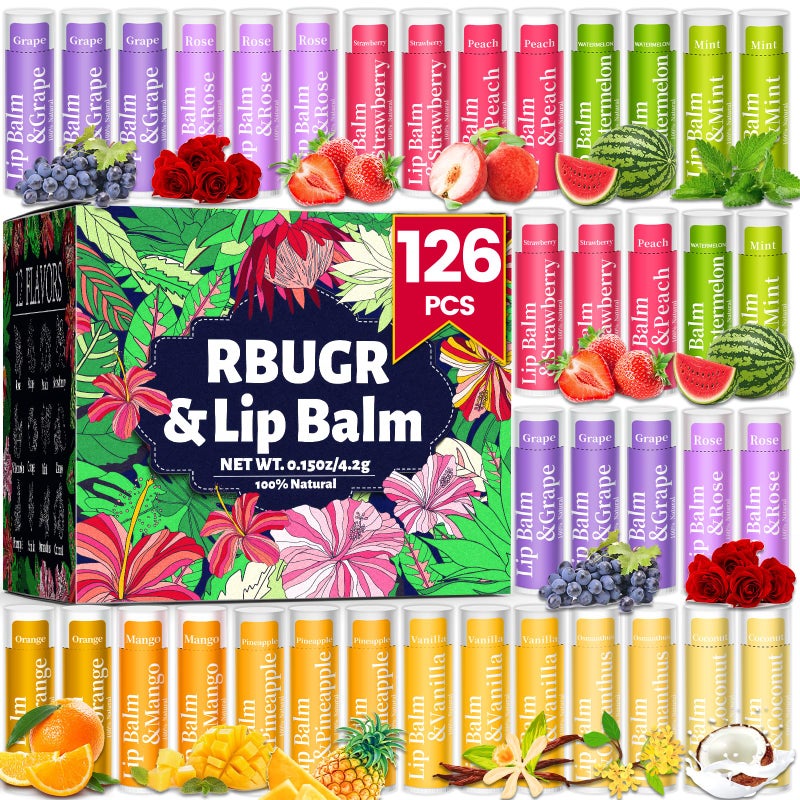 RBUGR 126 Pcs Lip Balm Bulk 12 Flavored Pack of Lip Balms Pack Natural Moisturising Organic Lip Balm Set for Cracked Lips Bulk Gifts Stocking Stuffers Party Favors42g015oz