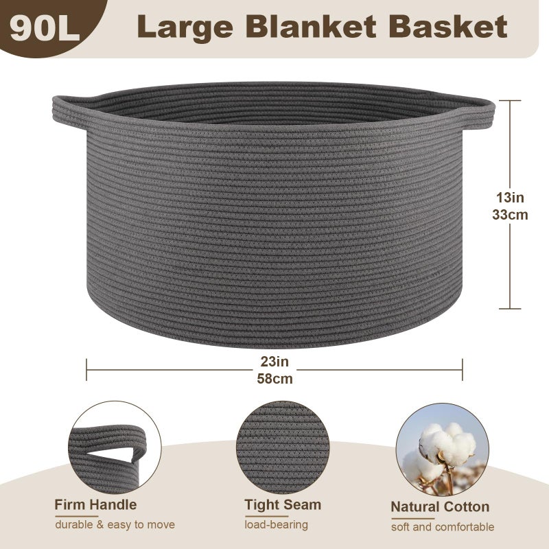 OIAHOMY 90L Blanket Basket for Living Room, Large Basket 23" x 23" x 13" with Handle, Laundry Hamper for Blankets, Pillows, Toy Storage for Kids, Dogs - Grey - Image 2