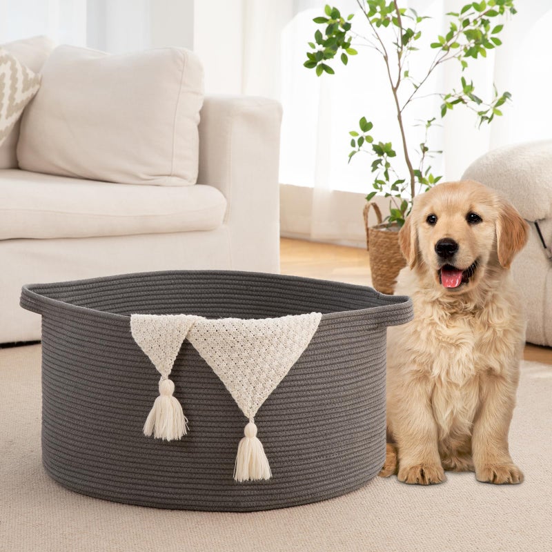 OIAHOMY 90L Blanket Basket for Living Room, Large Basket 23" x 23" x 13" with Handle, Laundry Hamper for Blankets, Pillows, Toy Storage for Kids, Dogs - Grey - Image 5