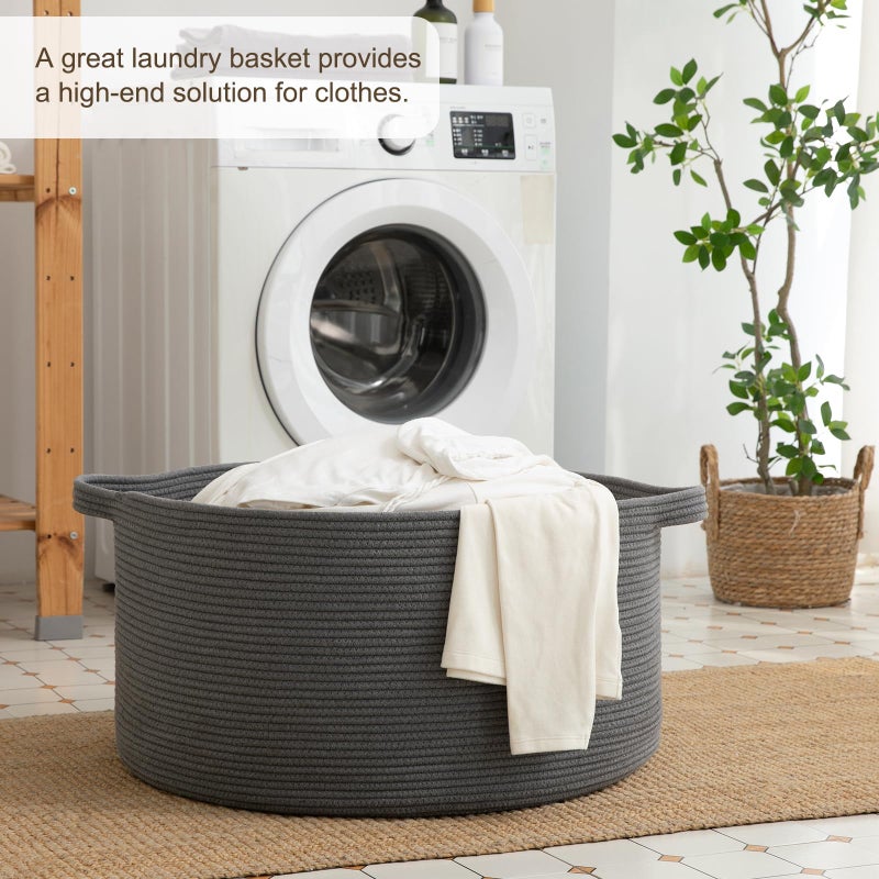 OIAHOMY 90L Blanket Basket for Living Room, Large Basket 23" x 23" x 13" with Handle, Laundry Hamper for Blankets, Pillows, Toy Storage for Kids, Dogs - Grey - Image 4