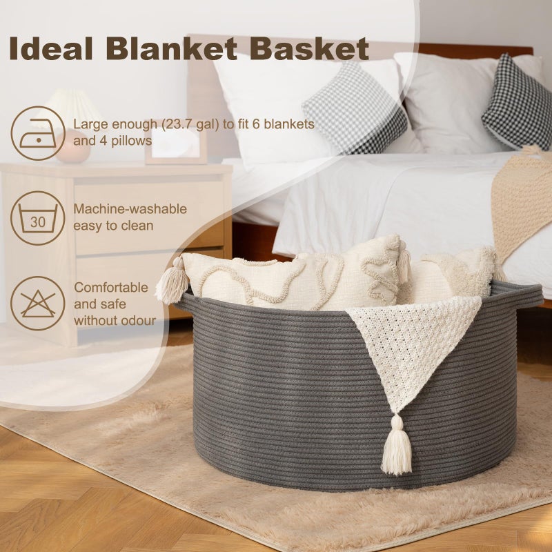 OIAHOMY 90L Blanket Basket for Living Room, Large Basket 23" x 23" x 13" with Handle, Laundry Hamper for Blankets, Pillows, Toy Storage for Kids, Dogs - Grey - Image 3