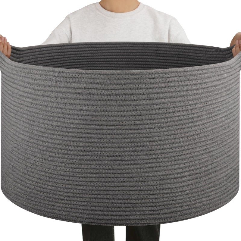OIAHOMY 90L Blanket Basket for Living Room, Large Basket 23" x 23" x 13" with Handle, Laundry Hamper for Blankets, Pillows, Toy Storage for Kids, Dogs - Grey - Image 1