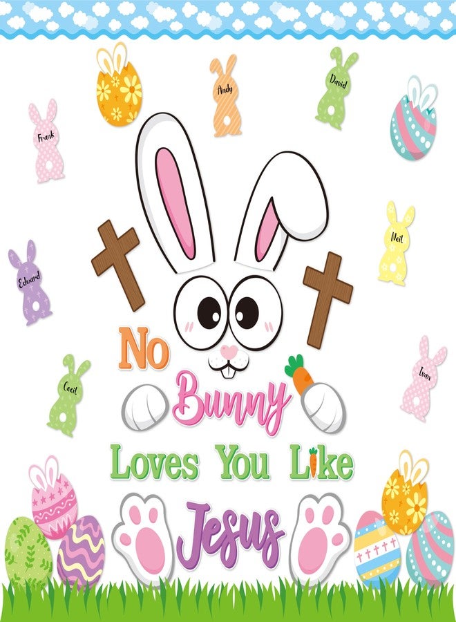 BeYumi 86Pcs Easter Bunny Christian Cross Bulletin Board Set No Bunny Loves You Like Jesus Eggs Cutouts Name Tags Trim Border Christian Religious Sunday School Classroom Chalkboard Church Decoration - Image 1