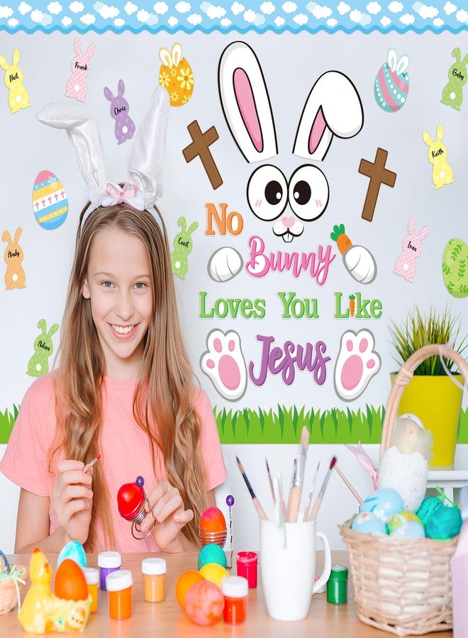 BeYumi 86Pcs Easter Bunny Christian Cross Bulletin Board Set No Bunny Loves You Like Jesus Eggs Cutouts Name Tags Trim Border Christian Religious Sunday School Classroom Chalkboard Church Decoration - Image 3