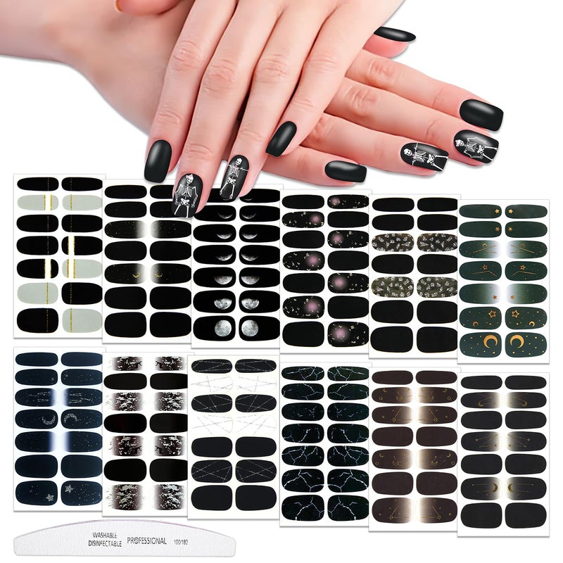 WOKOTO WOKOTO 12 Sheets 168 Pieces Black Nail Polish Stickers Full Wraps for Women Nails Black Gradient Marble Design Gel Nail Strips Stick On Nail Polish Strips Full Nail Stickers Gel Wraps