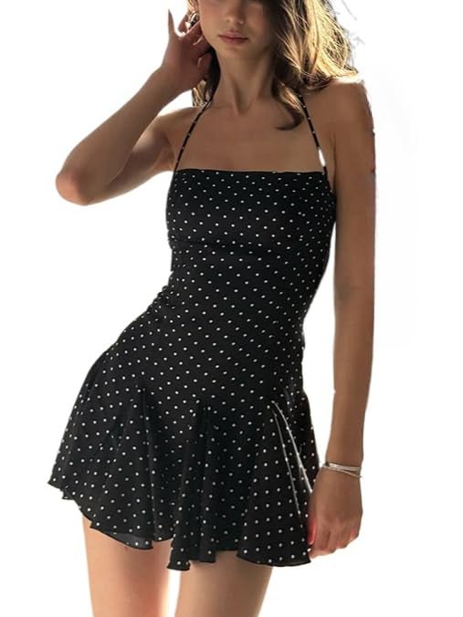 JOLILUNA Polka Dot Halter Mini Dress for Women Y2k Sleeveless Ruffle Hem Backless Mini Dress Vintage Streetwear Summer (Large,Black) - Image 1