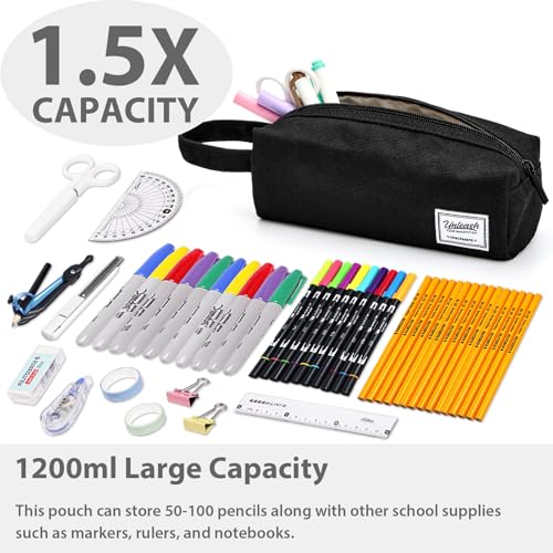 SPACEMATE Pencil Case Pouch Box Bag School Supplies Girls Boys Kids, Cute Preppy Stuff Large Big Capacity Aesthetic Canvas Pen Organizer, Back to College Stationary, Black, Simple Style, 1200ml - Image 2