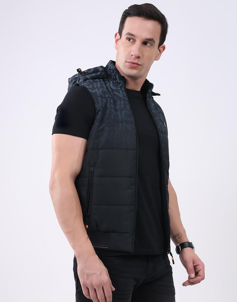 Monte Carlo Men’s Regular Fit Jacket | Self Design Pattern | Hooded Neck | Sleeveless | Zip Closure | Stylish Warm Winter Fashion Casual Jacket For Men Black 3XL (Pack Of 1) - Image 3