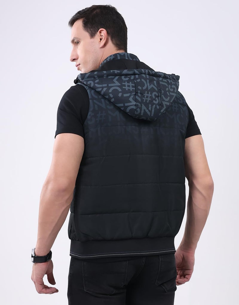 Monte Carlo Men’s Regular Fit Jacket | Self Design Pattern | Hooded Neck | Sleeveless | Zip Closure | Stylish Warm Winter Fashion Casual Jacket For Men Black 3XL (Pack Of 1) - Image 4