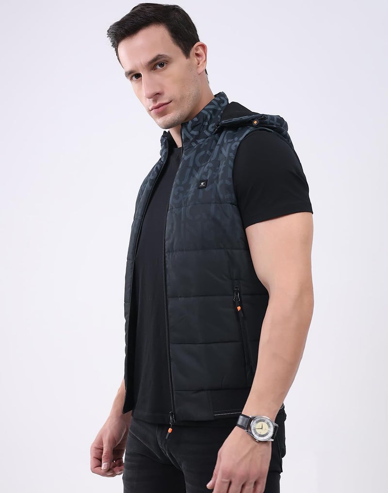Monte Carlo Men’s Regular Fit Jacket | Self Design Pattern | Hooded Neck | Sleeveless | Zip Closure | Stylish Warm Winter Fashion Casual Jacket For Men Black 3XL (Pack Of 1) - Image 2