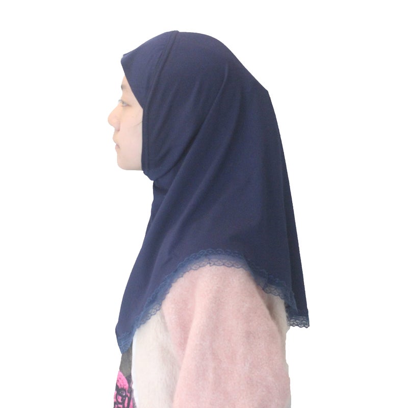 Modest Beauty حجاب مسلم جميل محتشم للفتيات والأطفال مع دانتيل لعمر 6-12 سنة باللون الأزرق الداكن - Image 2