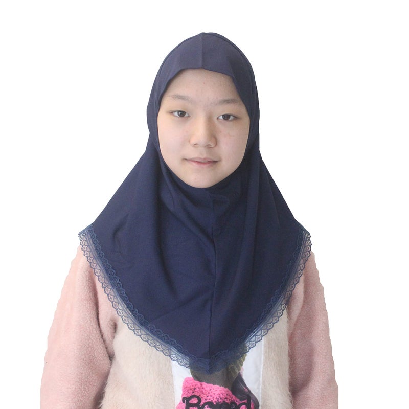 Modest Beauty حجاب مسلم جميل محتشم للفتيات والأطفال مع دانتيل لعمر 6-12 سنة باللون الأزرق الداكن - Image 1