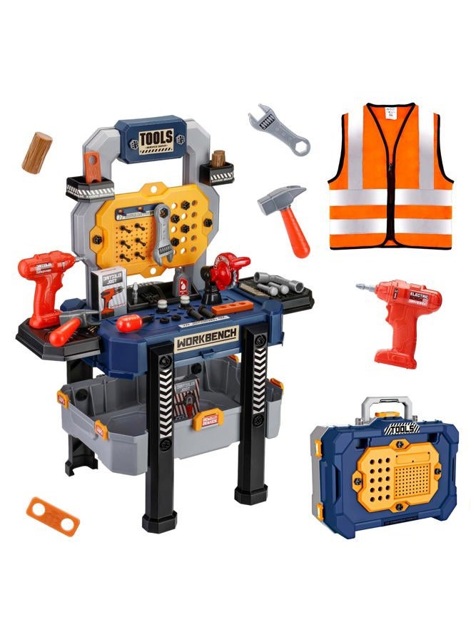 Jovow Kids Tool Bench with Realistic Tools and Electric Drill, Suitable for 3-5 Year Olds to Build Their Own Toy Workbench, 79 Pcs Realistic Toy Tools with Clothes, 32 x 26.6 x 14.4 in-Blue - Image 1