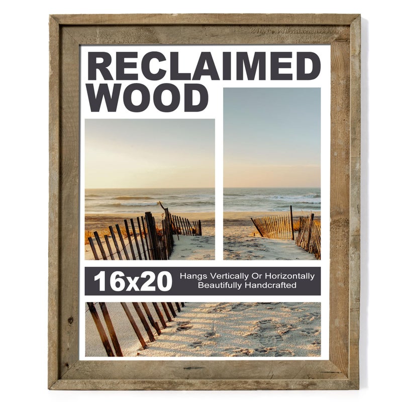 Rustic 16x20 Picture Frame Reclaimed Barnwood Photo Frame with Tempered Glass Distressed Family Gallery Corner Horizontal and Vertical Wall Mounting or Tabletop Display Set of 1