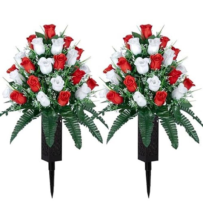 2 SETS ARTIFICIAL CEMETERY FLOWERSOUTDOOR GRAVE DECORATIONS ROSESBEAUTIFUL ARRANGEMENTS BOUQUET WITH CEMETERY VASELASTING AND NONBLEED COLORS WHITERED