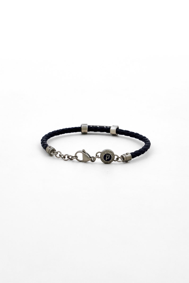 POLICE Men Plaquetes Brand Logo Leather Bracelet, Navy/Silver - Image 3