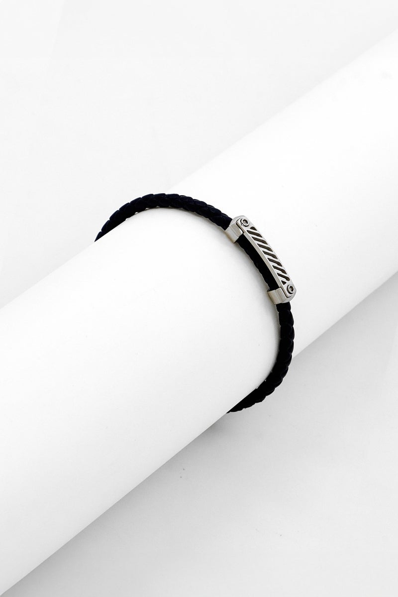 POLICE Men Plaquetes Brand Logo Leather Bracelet, Navy/Silver - Image 1