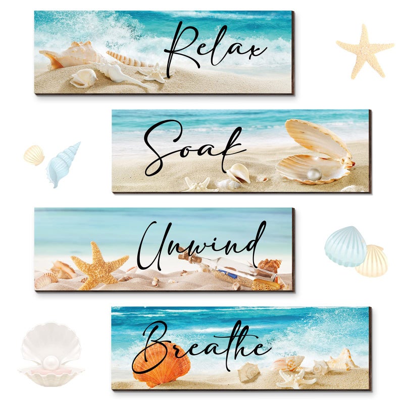 Yulejo Yulejo 4 Pieces Ocean Beach Bathroom Wall Decors Wood Relax Soak Unwind Breathe Art Sign Hanging Seashell Starfish Wooden for Living Room Laundry Spa Washroom 