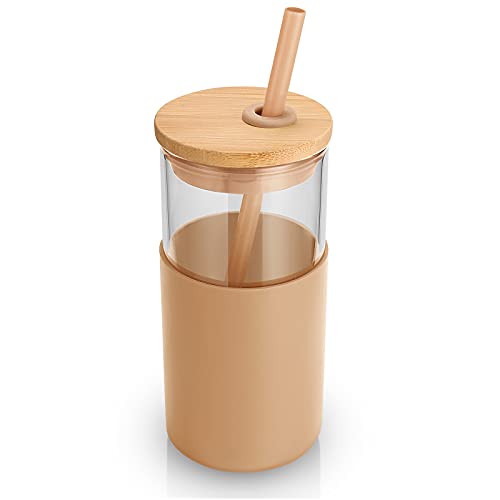 Tronco 16 oz Glass Tumbler with Straw and Bamboo Lid, Iced Coffee Cup Reusable, Smoothie Cups, Tumbler with Silicone Protective Sleeve - BPA Free - Image 1