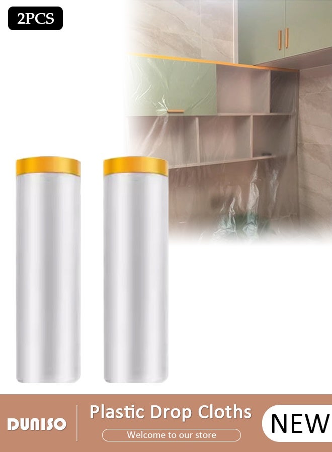 DUNISO 2 packs Plastic Drop Cloths, Waterproof Anti-Dust Furniture Cover With Adhesive Strip, Thicken Painters Drop Cloth, Disposable Plastic Cover for Painting Protection, Large Anti Dust Clear Cover for Sofa Furniture Floor Wall Protection - Image 1
