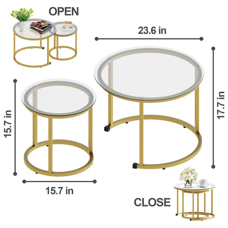 aboxoo Gold Nesting Coffee Table Set of 2, Small Glass Round Nesting Tables for Living Room Bedroom, Accent Tea Table with Metal Frame Modern Industrial Simple - Image 5
