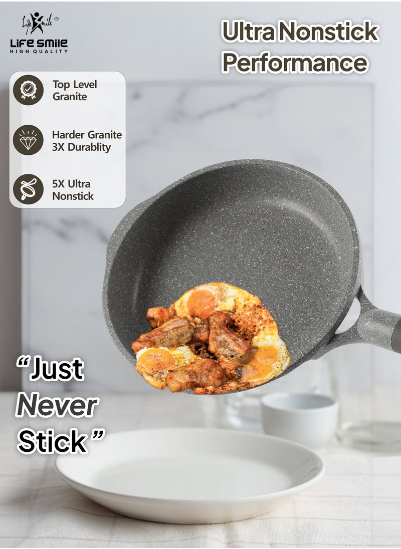 Life Smile 28cm (2.5 Liter) LIFE SMILE Frying Pan With Lid - Multi Layer Granite Coating Fry Pan | Non Stick, 100% PFOA FREE | Heat-Resistant Handle Hanging Loop | Induction bottom  - Image 4