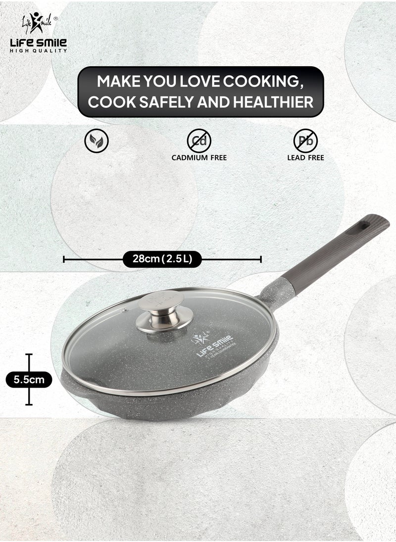 28cm (2.5 Liter) LIFE SMILE Frying Pan With Lid - Multi Layer Granite Coating Fry Pan | Non Stick, 100% PFOA FREE | Heat-Resistant Handle Hanging Loop | Induction bottom