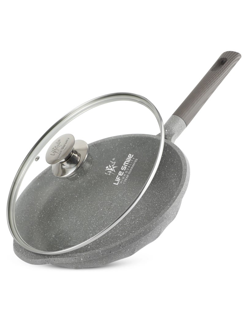 Life Smile 28cm (2.5 Liter) LIFE SMILE Frying Pan With Lid - Multi Layer Granite Coating Fry Pan | Non Stick, 100% PFOA FREE | Heat-Resistant Handle Hanging Loop | Induction bottom  - Image 1