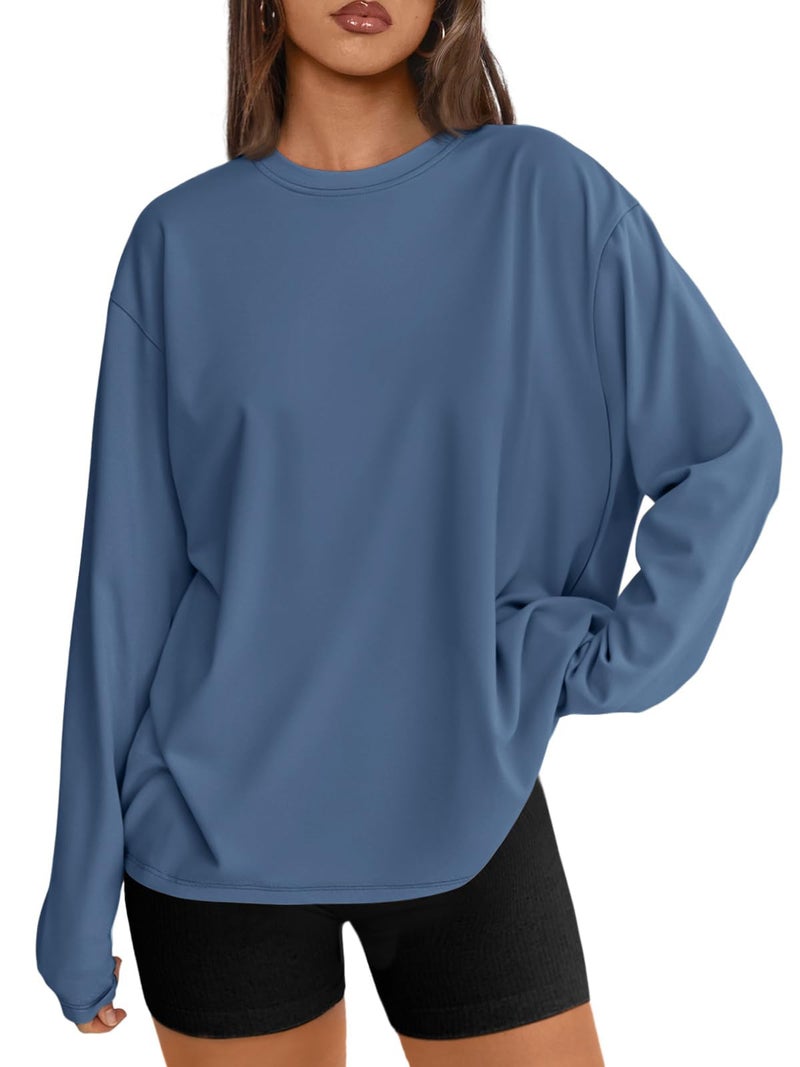 Trendy Queen Womens Spring Tops Oversized Long Sleeve T Shirts 2026 Basic Tee Fall Casual Workout Y2K Clothes Hazeblue M - Image 1