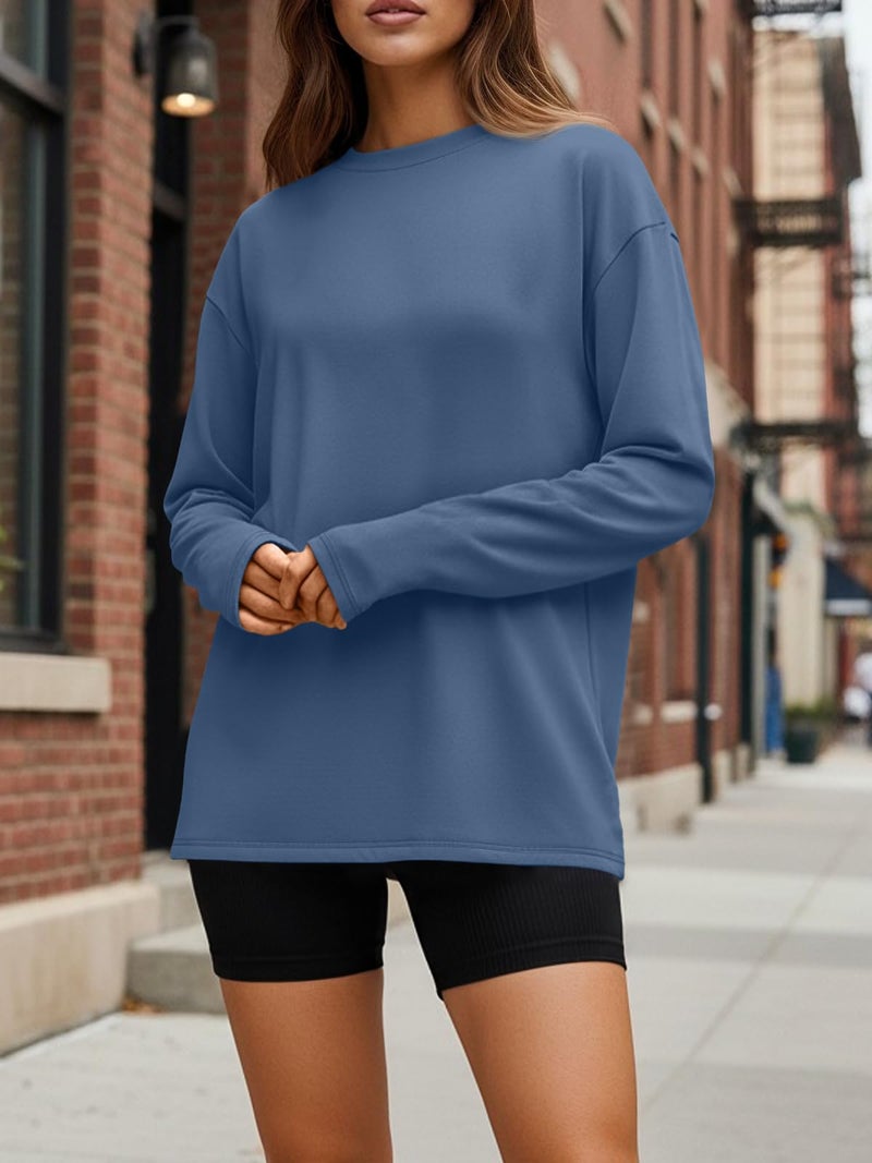 Trendy Queen Womens Spring Tops Oversized Long Sleeve T Shirts 2026 Basic Tee Fall Casual Workout Y2K Clothes Hazeblue M - Image 2