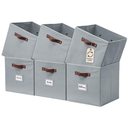 DECOMOMO Storage Bins, Cube Storage Bin with Labels, Fabric Storage Cubes for Shelves (10.5" x 11" / 6pcs, Grey) - Image 1