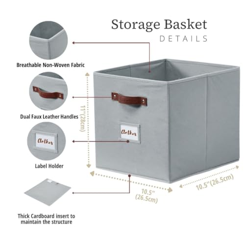 DECOMOMO Storage Bins, Cube Storage Bin with Labels, Fabric Storage Cubes for Shelves (10.5" x 11" / 6pcs, Grey) - Image 3
