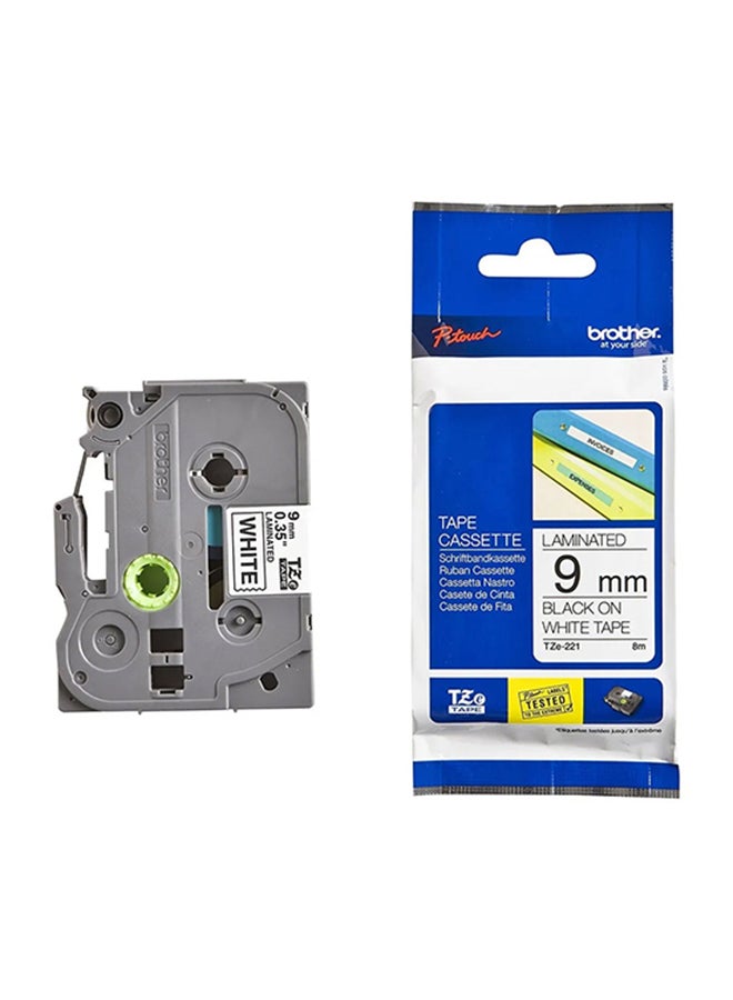 brother Laminated Tape Black On White 9mm TZe-221 Black/White - Image 1