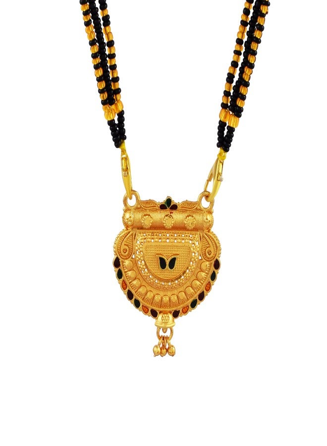 morir Elegant Gold-Plated Semi-Circular Mangalsutra with Enamel & Black Beads Chain For Women - Image 1