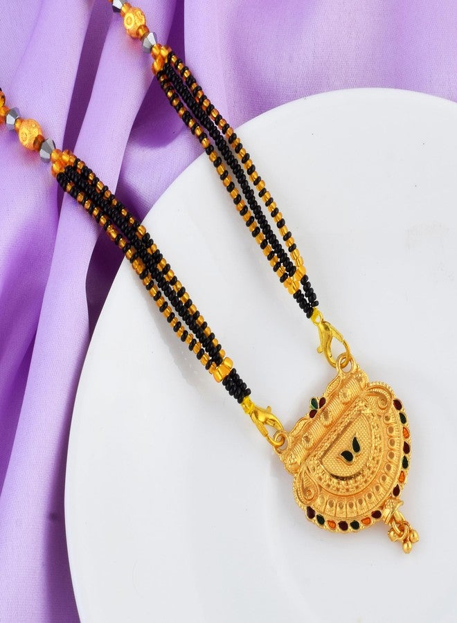 morir Elegant Gold-Plated Semi-Circular Mangalsutra with Enamel & Black Beads Chain For Women - Image 4