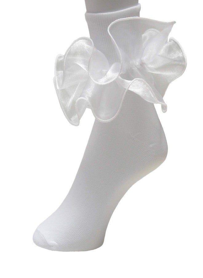 Girls Double Ruffle Socks - Big Full Organza with Trim Pageant Fanfare Foldover Ankle Style - 0-6 Month Old (Size 0, White w/White Trim)