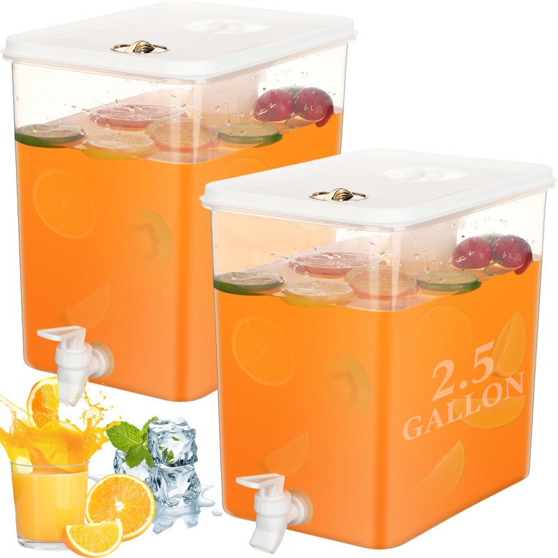 Domensi 2 Pack 2.5 Gallon Drink Dispenser for Fridge with Spigot Water Dispenser Leak Proof Lids Filter Screen Beverage Juice Container Sealed Plastic Lemonade Milk Cold Hot Drink Tea Jug for Party - Image 1
