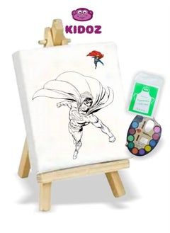 A painting of Superman character, featuring an excellent color set and a one-time use apron, perfect for children's parties.