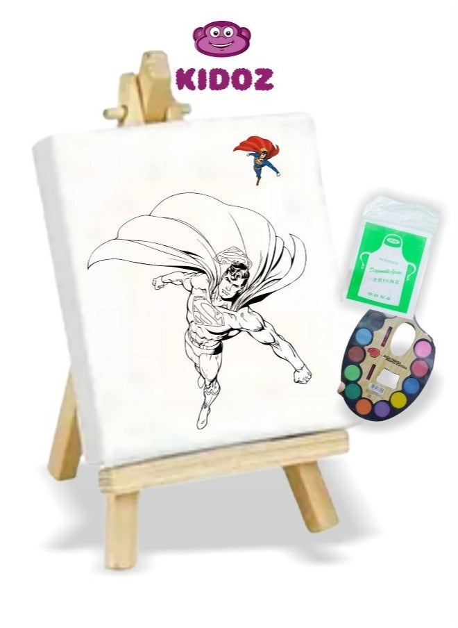 KIDOZ - A painting of Superman character, featuring an excellent color set and a one-time use apron, perfect for children's parties. - Image 1
