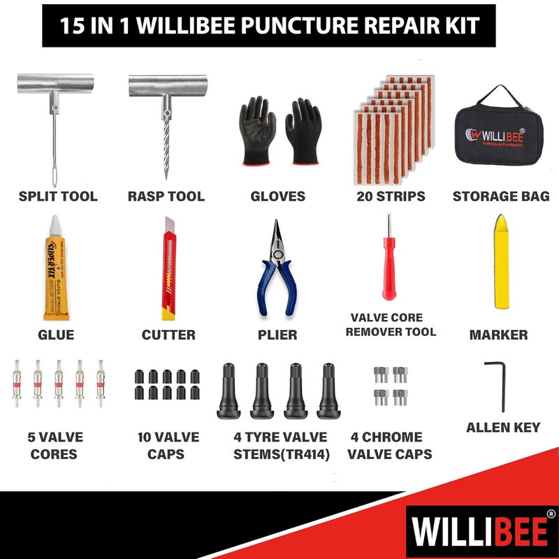 WILLIBEE 15 in 1 (Pack of 20 Strips) Universal Tubeless Tyre Heavy Duty Steel Puncture Kit Emergency Flat Tire Repair Patch Punchure Kit Tool (with Storage Bag) for Car, Bike, SUV, & Motorcycle - Image 2