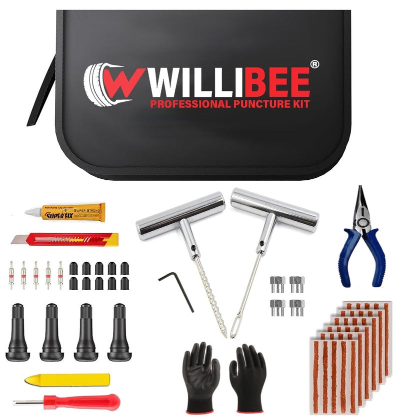 WILLIBEE 15 in 1 (Pack of 20 Strips) Universal Tubeless Tyre Heavy Duty Steel Puncture Kit Emergency Flat Tire Repair Patch Punchure Kit Tool (with Storage Bag) for Car, Bike, SUV, & Motorcycle - Image 1