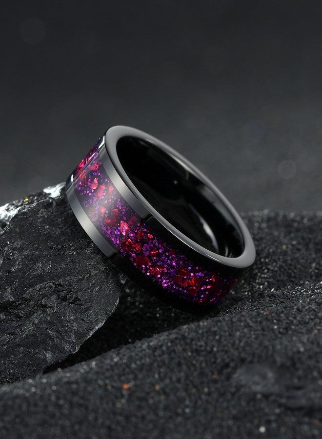 King Will 8mm Black Tungsten Rings for Men Quicksand & Crushed Stones Inlay Mens Stylish Wedding Bands High Polished Pipe Cut Comfort Fit Durable, Purple & Red Inlaid Size 12 - Image 3