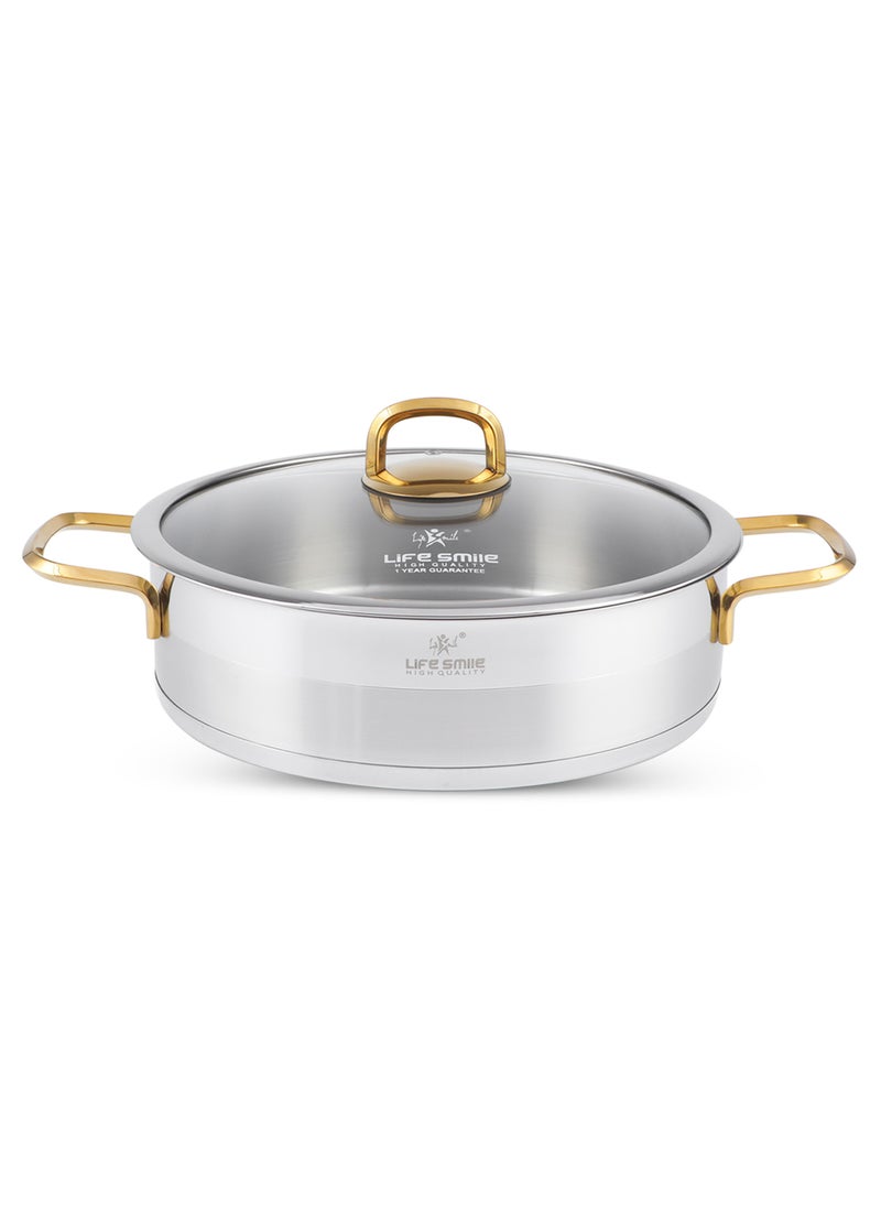 Life Smile 32cm (7.1 Liter) LIFE SMILE Shallow Pot with Lid Big Size - 18/10 Pure Stainless Steel - Induction Base Double Handle Fry Pan - Non-Toxic, 100% PFOA, PTFE & PFOS Free - Oven Safe Saute Pan  - Image 1