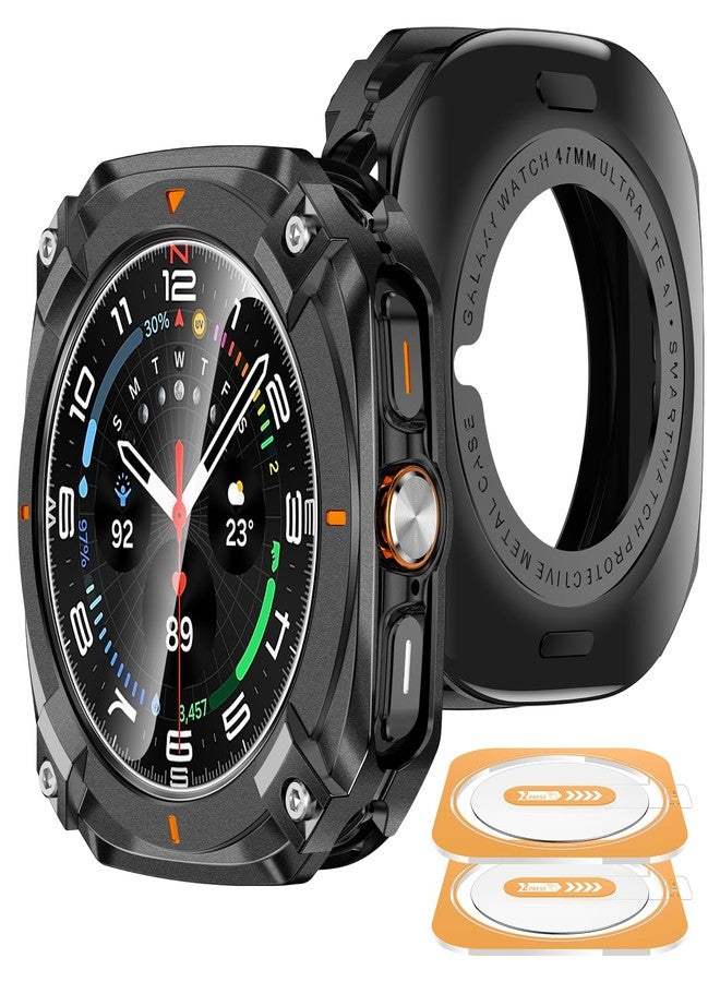 YMHML 3 in 1 Metal Case for Samsung Galaxy Watch Ultra Screen Protector 47mm, Unique Stylish Rugged Bumper + Hard PC Back Cover + 2PCS Tempered Glass Film for Galaxy Ultra 2024/2025, Black/Orange - Image 1