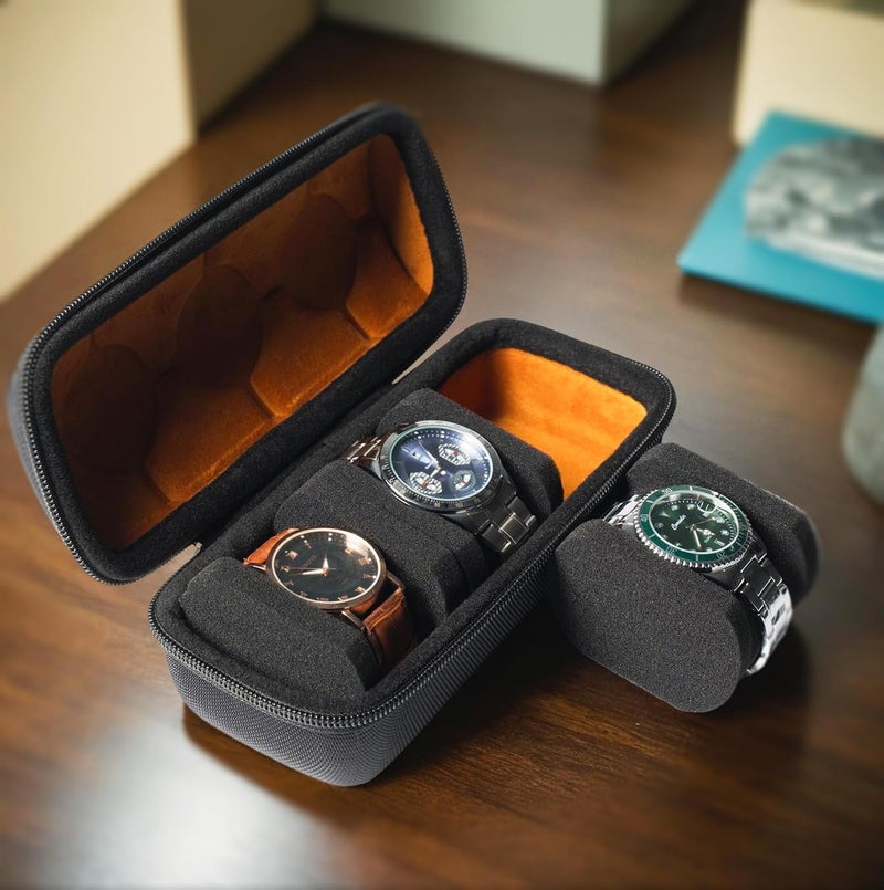 Kienlix Travel Watch Case Organizer Watch Box With Zipper Heavy Duty Portable Travel Friendly Case Fits all Wristwatches & Smart Watches Up To 60MM Compatible for Apple Watch (Black,3 Slots) - Image 2