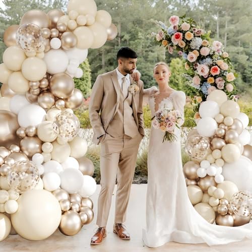 LANGASQUE White Sand Champagne Gold Balloon Arch Kit 143Pcs Metallic Champagne Gold Neutral Balloons Garland Arch Kit Confetti Balloons for First Communion Anniversary Engagement Wedding Birthday Decorations - Image 5